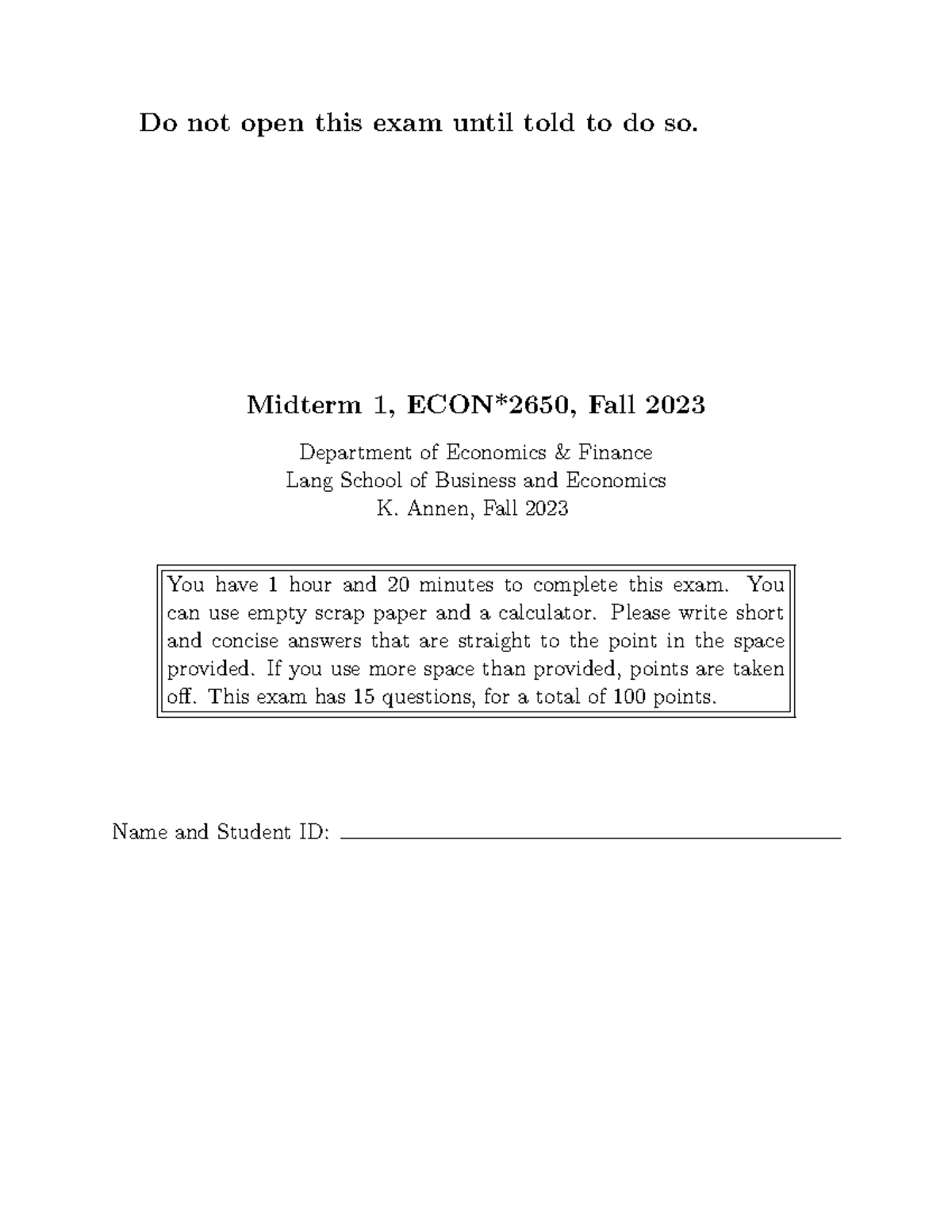 Midterm 1 Exam - ECON2650, Fall 2023 - Department of Economics - Studocu