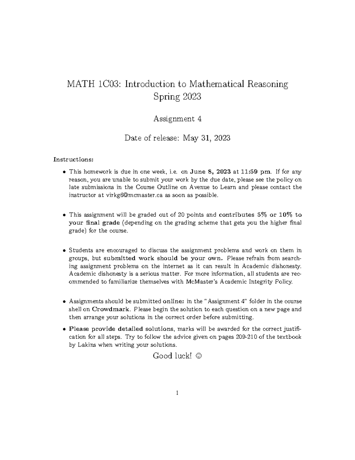 Math 1C03 Assignment 4 - Introduction to Mathematical Reasoning - Studocu