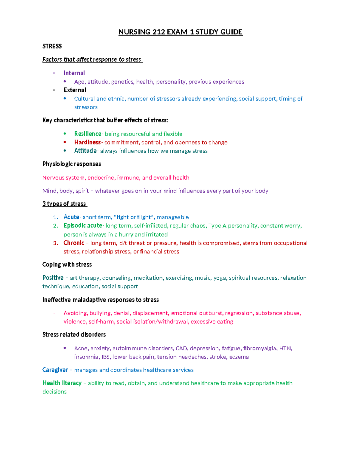 NUR212 exam 1 study guide - NURSING 212 EXAM 1 STUDY GUIDE STRESS ...