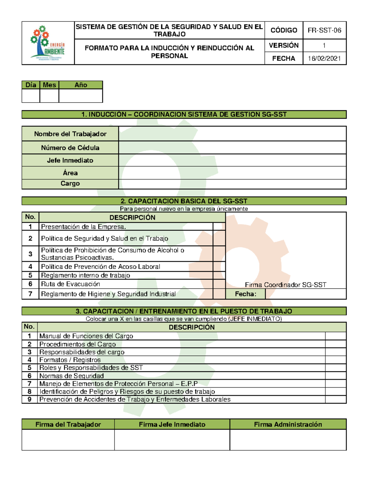 FR-SST-06 Formato de Inducción y Reinducción al Personal SG-SST - Document Preview