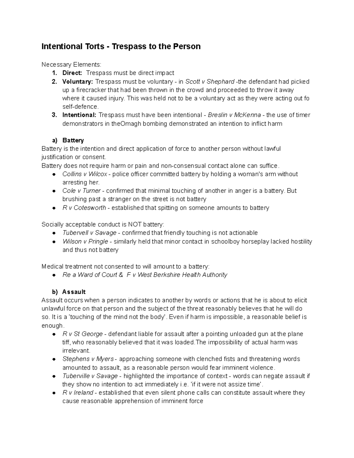 Intentional Torts: Trespass to the Person Overview and Key Cases - Studocu