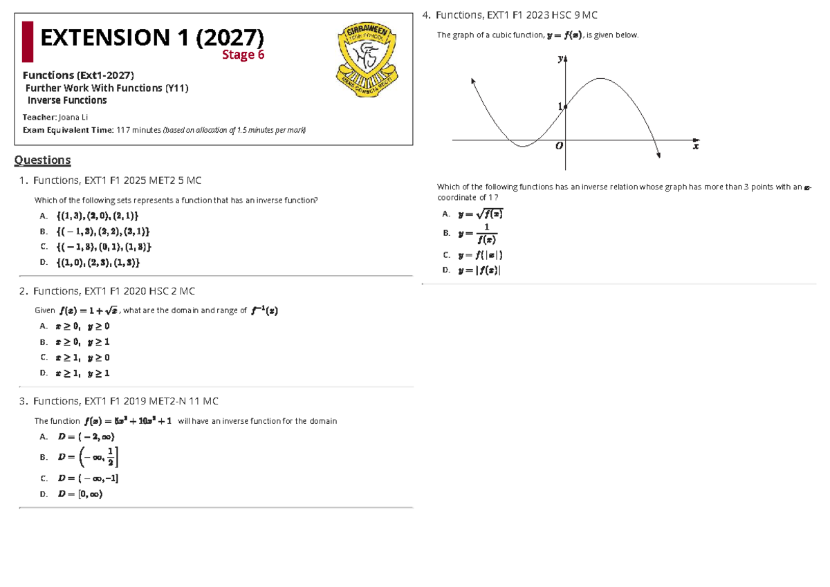 Smarter Maths: Inverse Functions Study Guide (EXT1 F1 2023) - Studocu