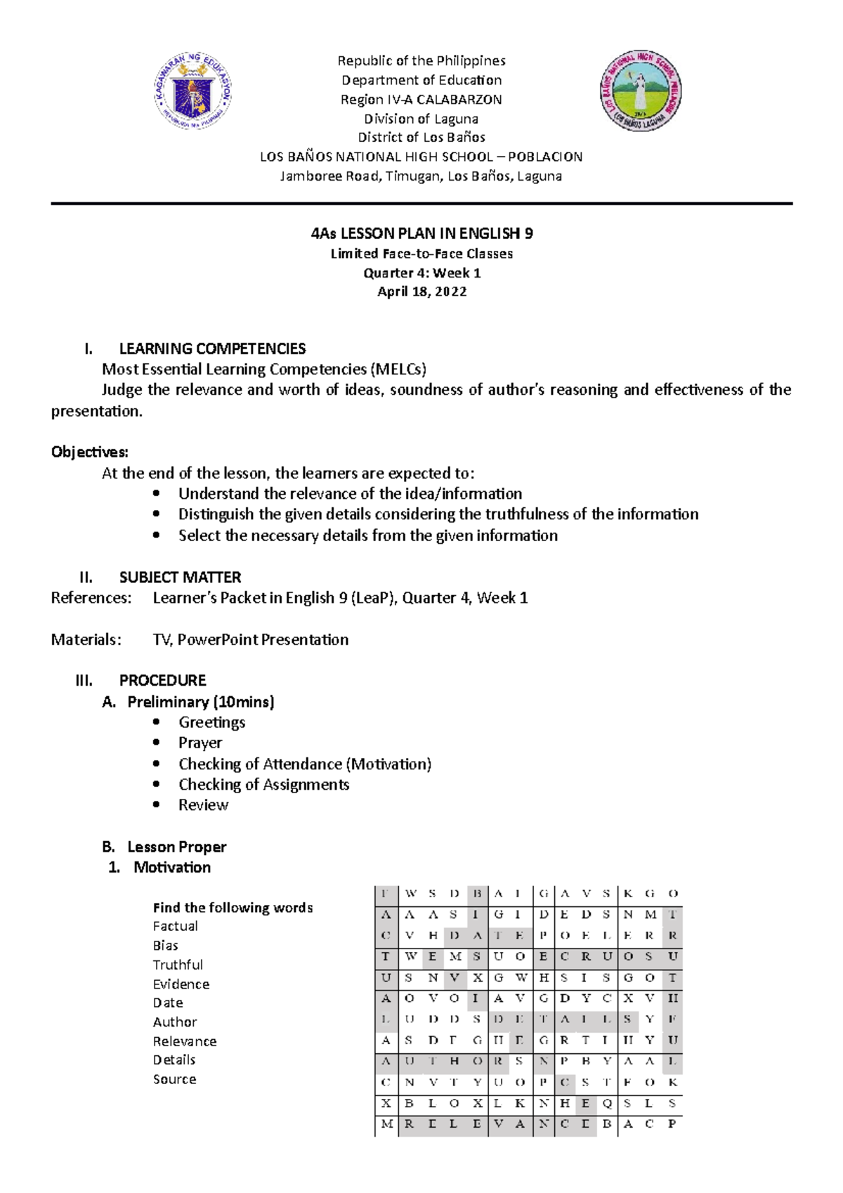 Lesson PLAN W1 4As - NASADASCAWD - Republic of the Philippines ...