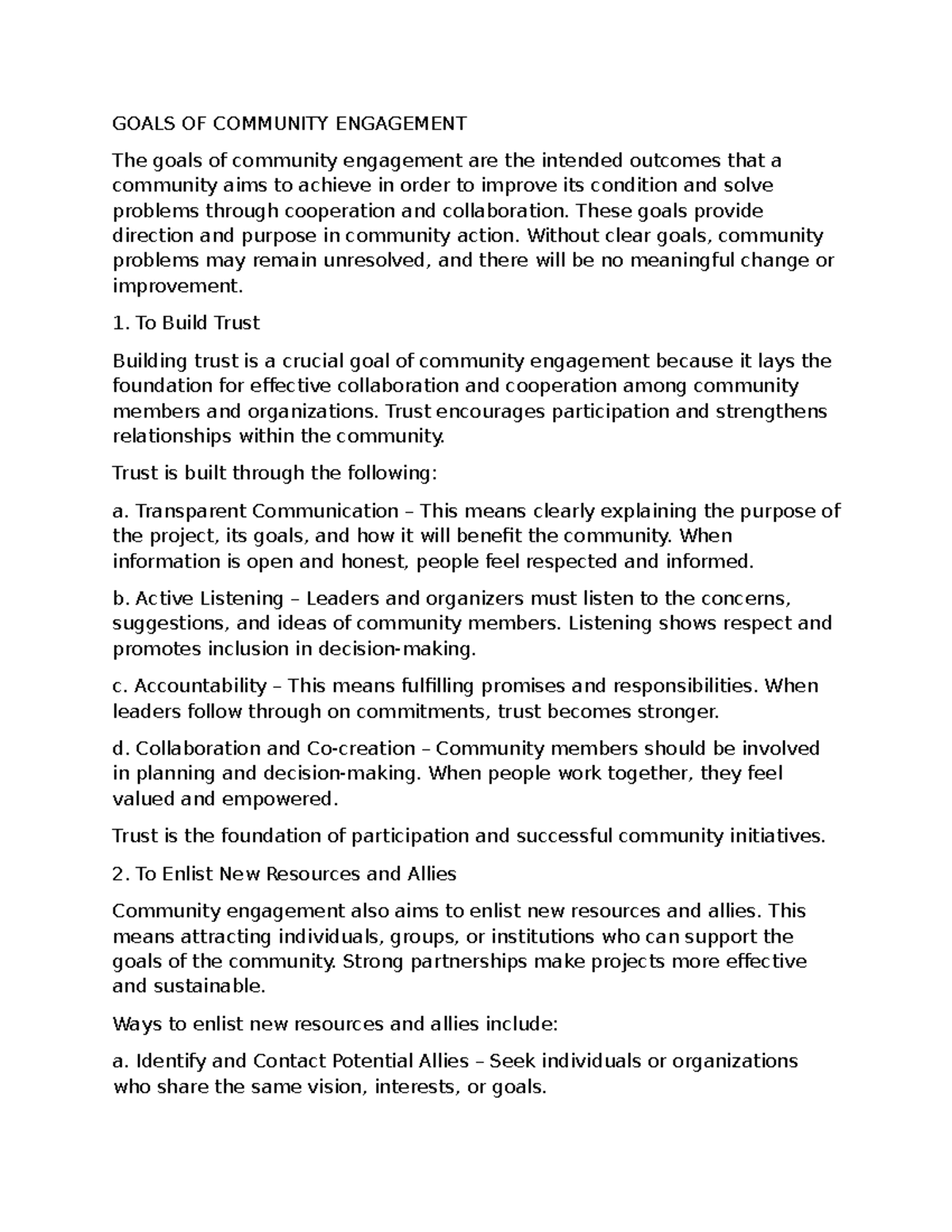 GOALS OF COMMUNITY ENGAGEMENT: Building Trust & Resources - Studocu