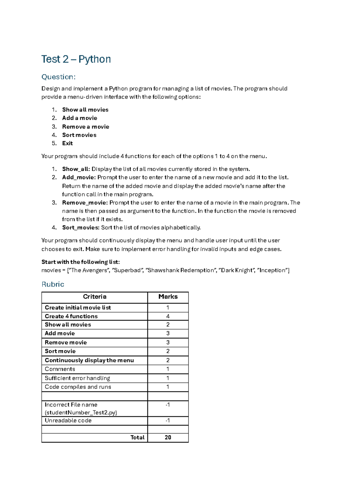Test 2 - Python Movie Management Program Guide - Studocu
