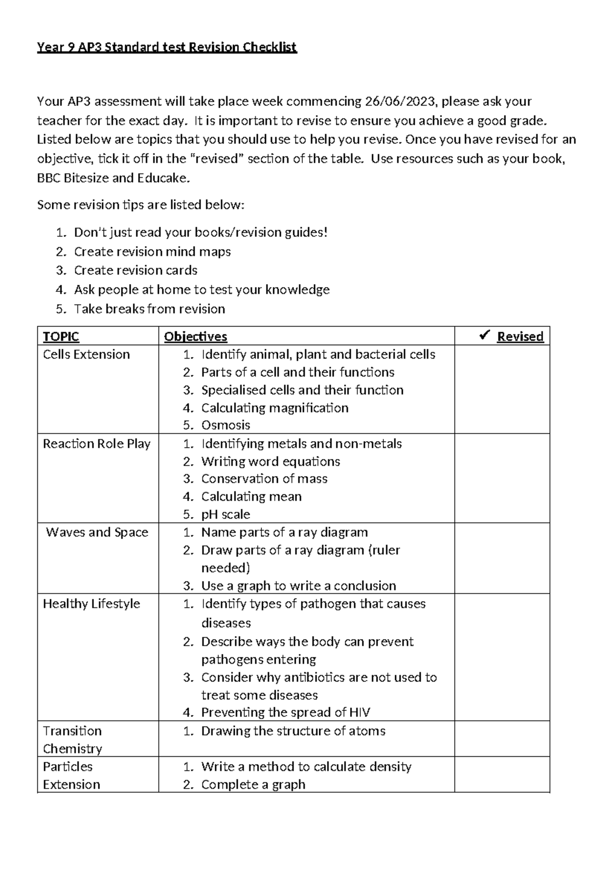 Yr 9 AP3 Standard Test Revision Checklist - Studocu