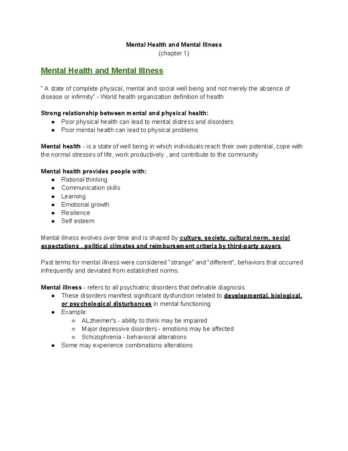 Unit 1: Mental Health and Mental Illness Overview (Chapter 1) - Studocu