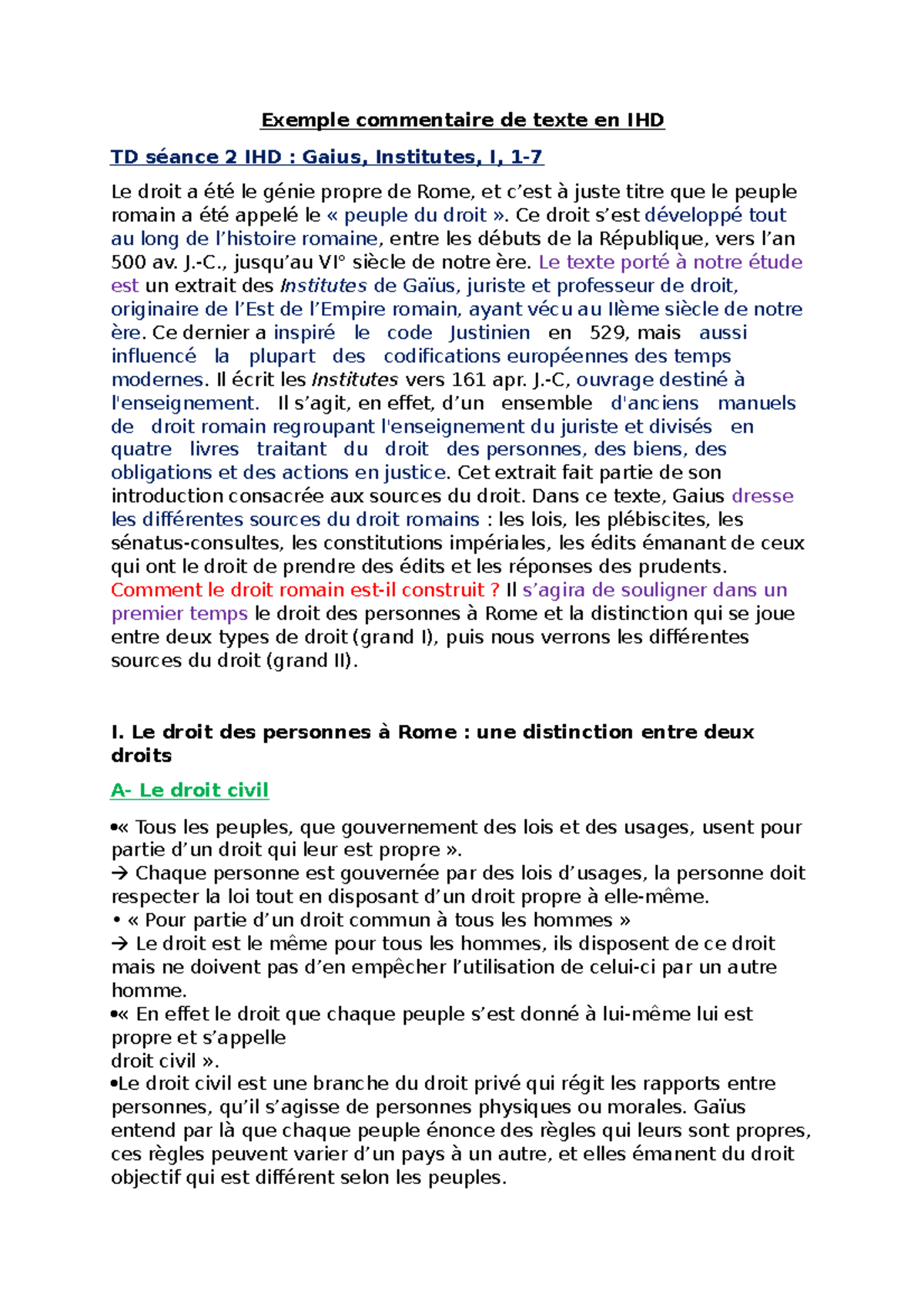 Commentaire de texte IHD : Gaius et les Sources du Droit Romain - Studocu