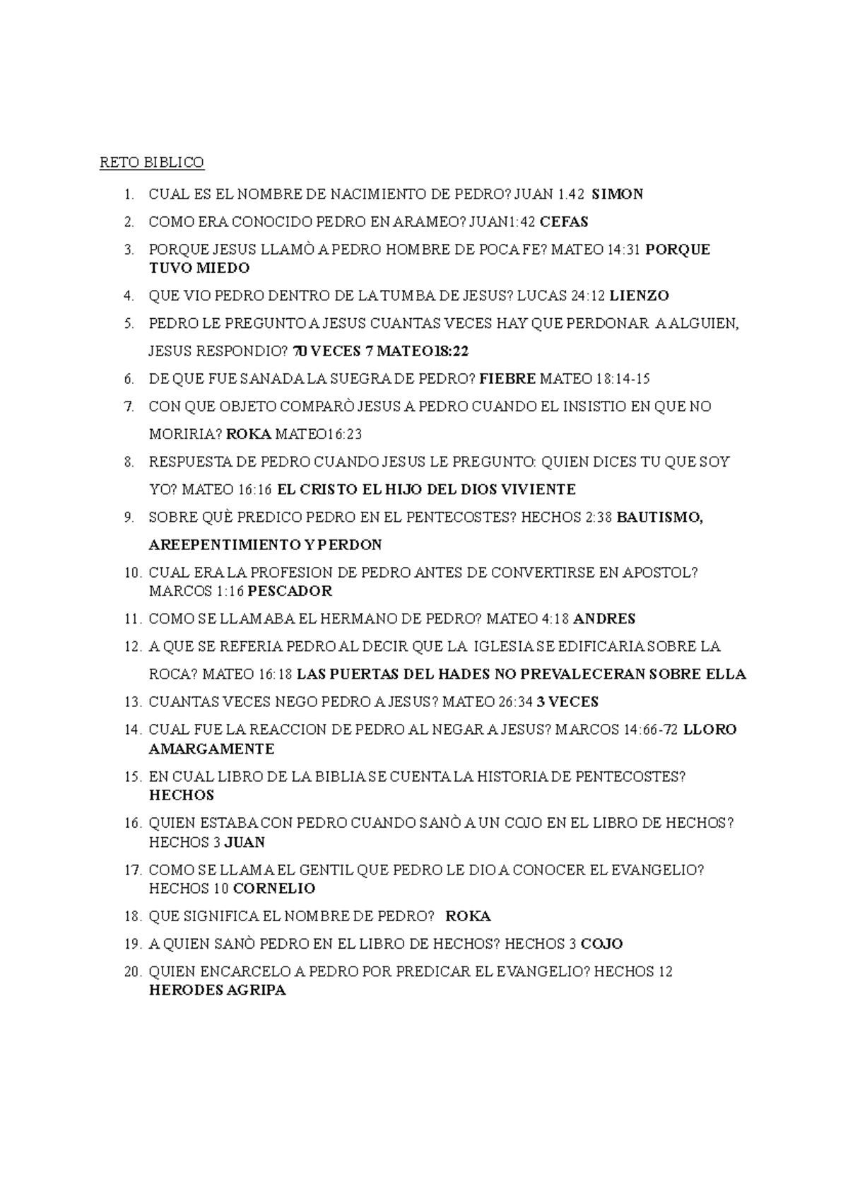RETO BÍBLICO: Preguntas sobre la Vida de Pedro (Biblia) - Studocu