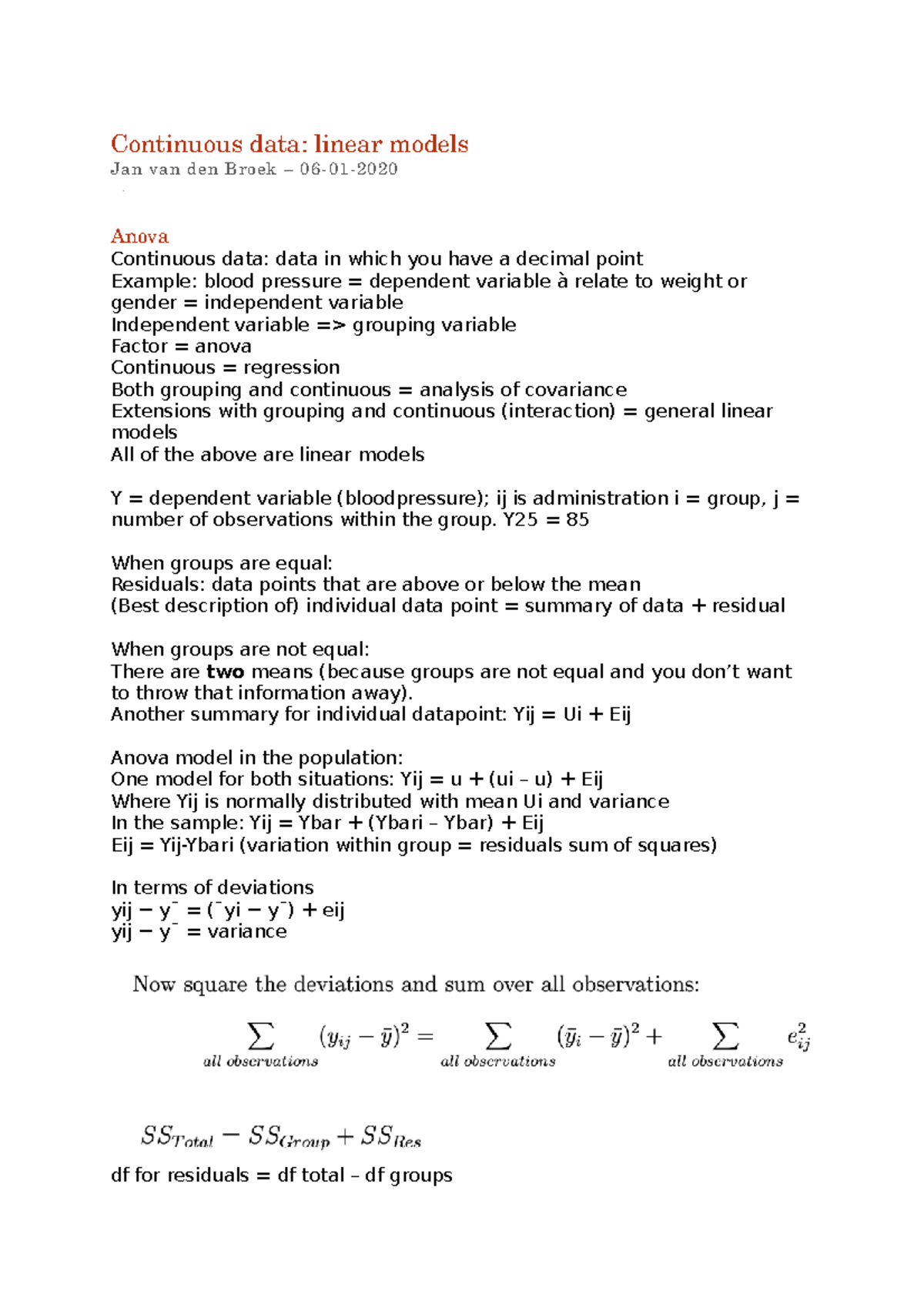 Lecture Notes: Continuous Data & Linear Models Analysis (CSD101 ...