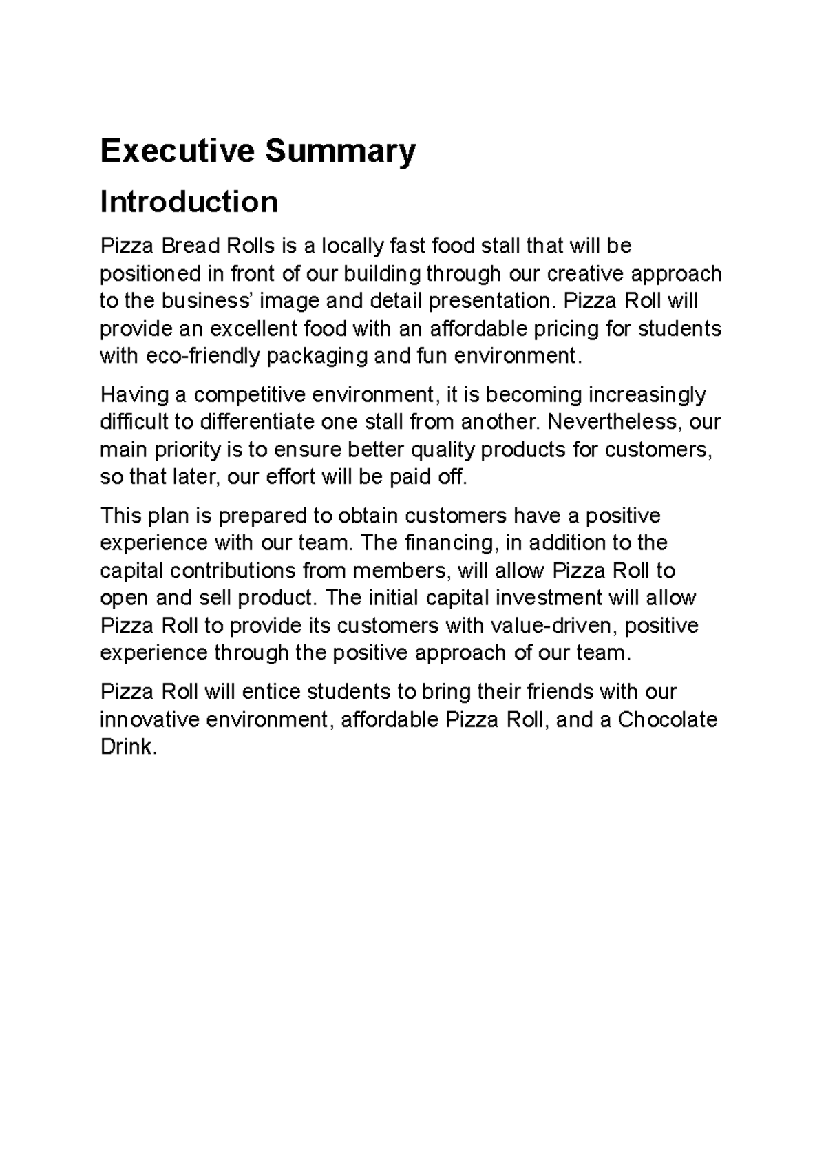 MGT101 - Pizza Bread Rolls Business Proposal Overview - Studocu