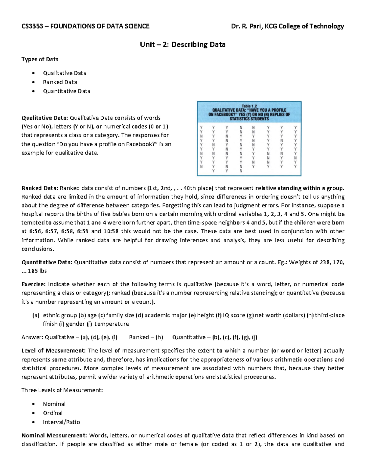 Foundations of Data Science - Unit 2: Data Types and Measurement Levels ...