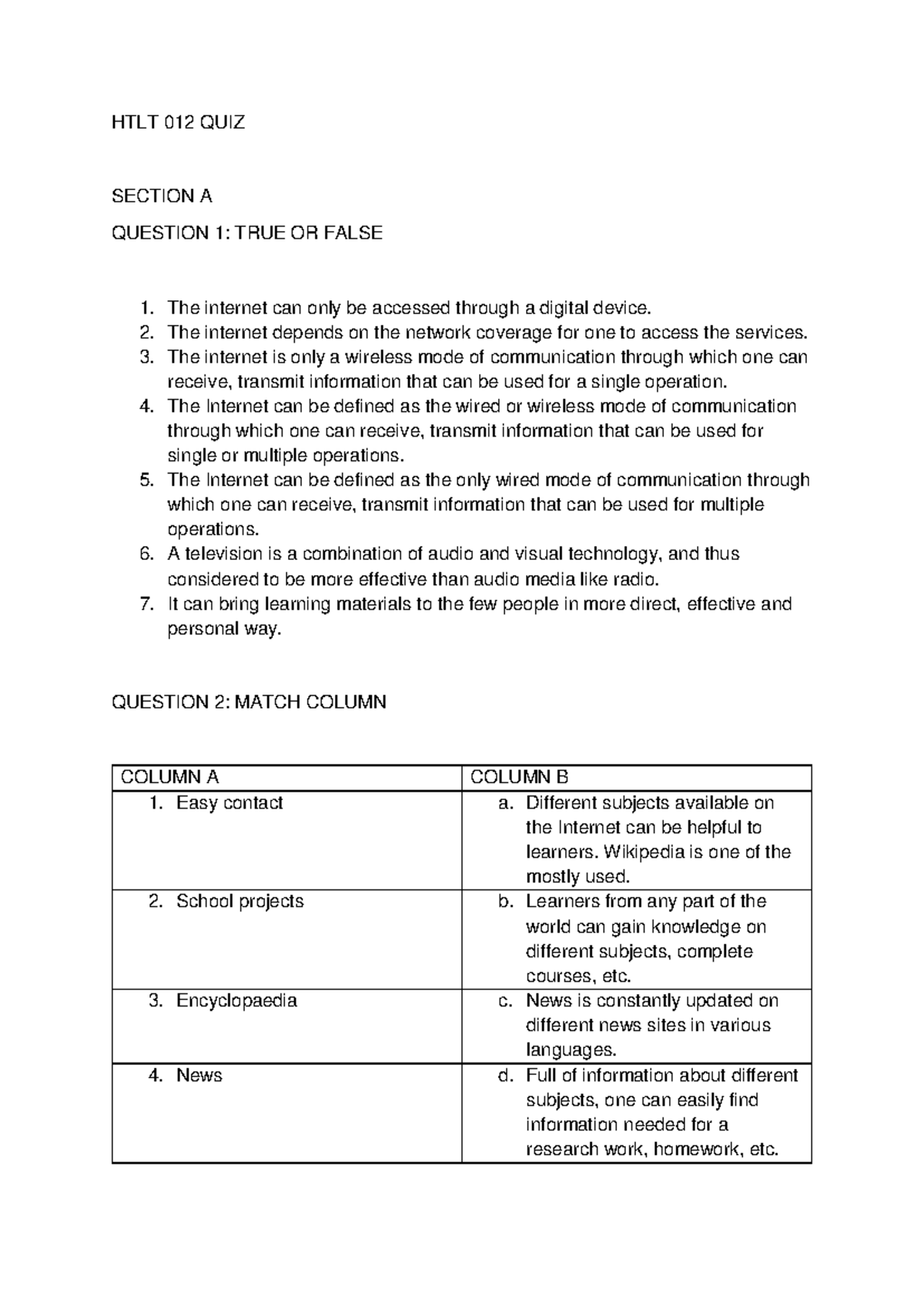 HTLT 012 QUIZ 2 - Practice Questions and Answers - Studocu