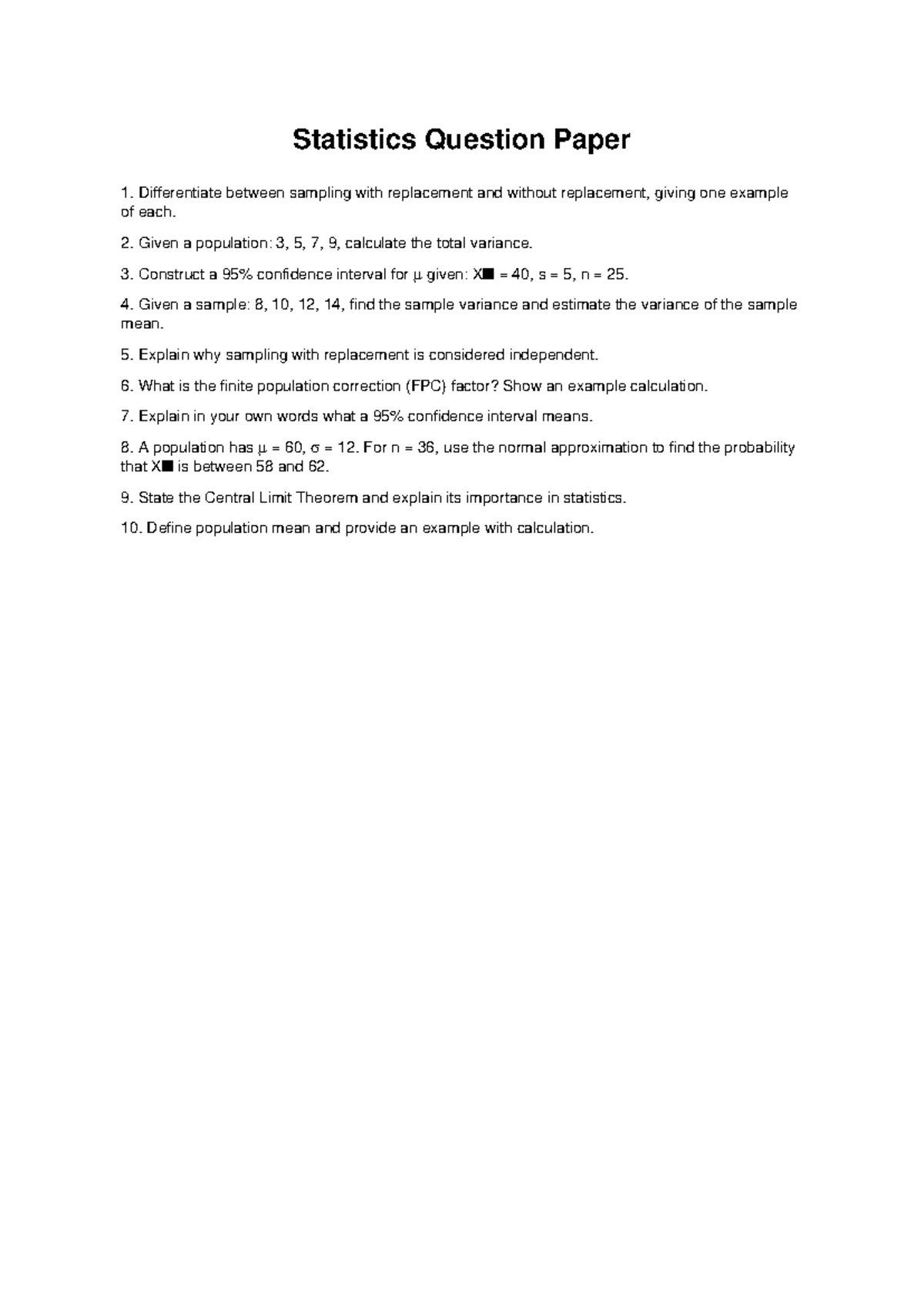 Statistics Paper 1 - Practice Questions on Sampling & Variance - Studocu