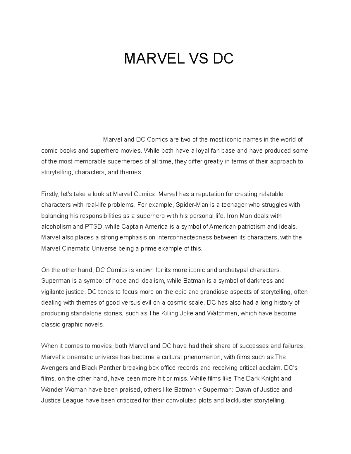 Marvel vs DC: A Detailed Comparison of Comic Universes - Studocu