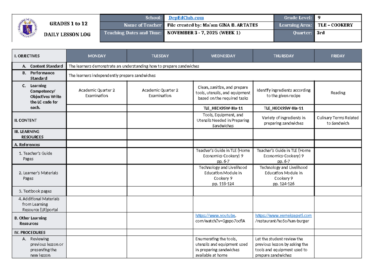 DLL TLE 9 - Cookery Daily Lesson Log for Q3 Week 1 - Studocu