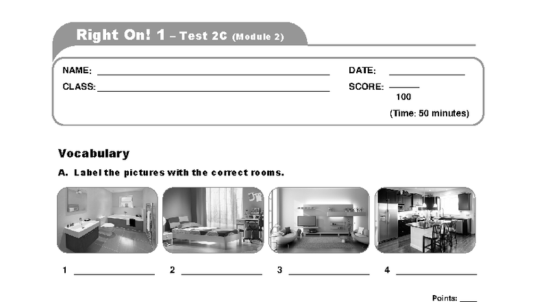 Right On! 1 Test 2C (Module 2) - Vocabulary, Grammar, Reading & Writing ...