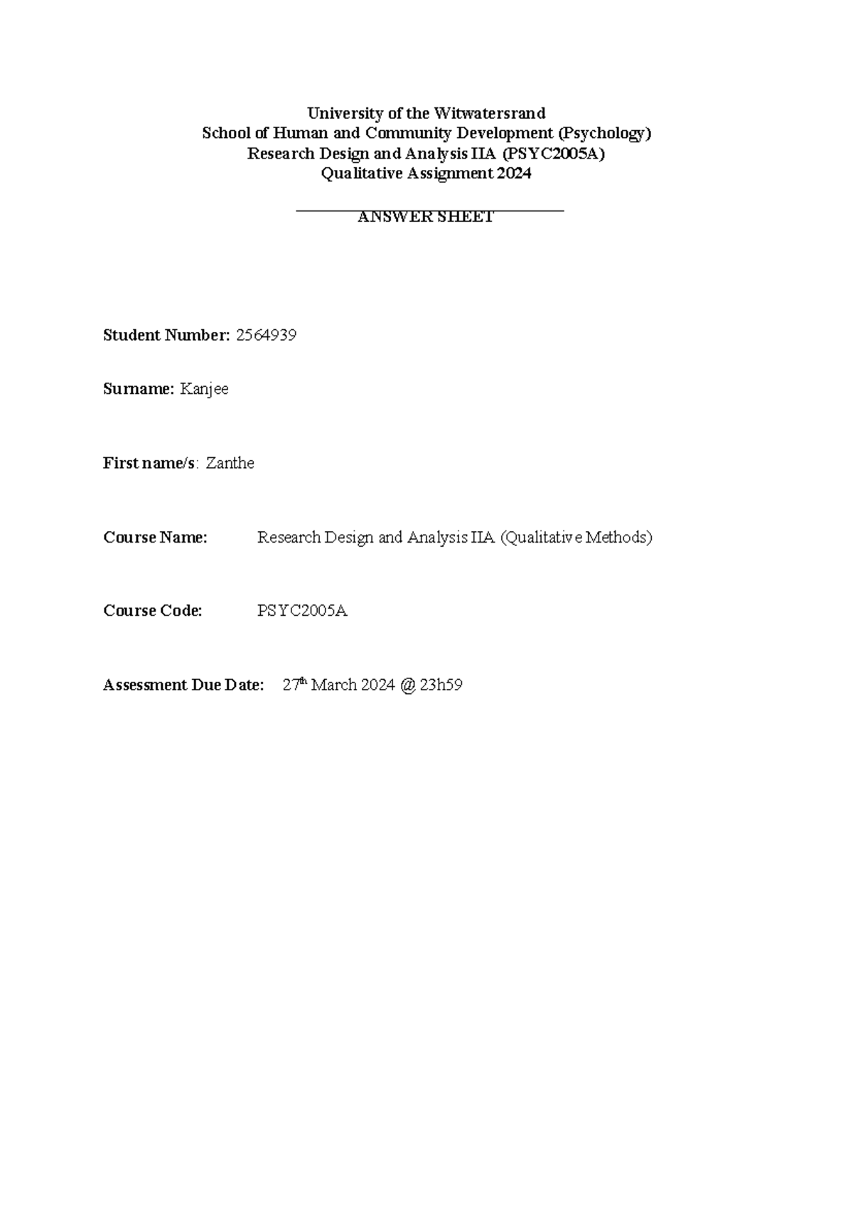 Qualitative Assignment Answer Sheet for PSYC2005A - 2024 - Studocu