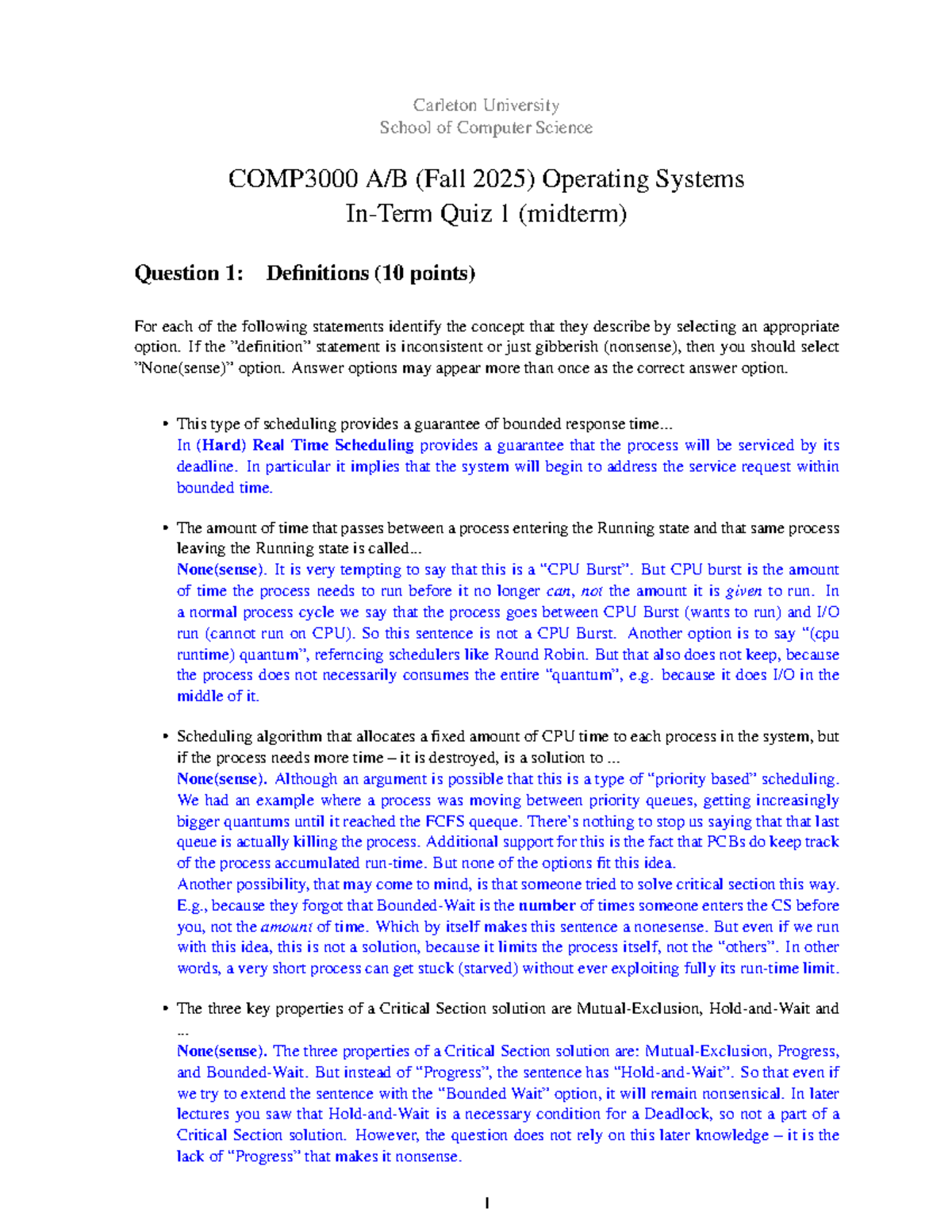 Carleton University CS 2025 Operating Systems Quiz 1 Review Notes - Studocu