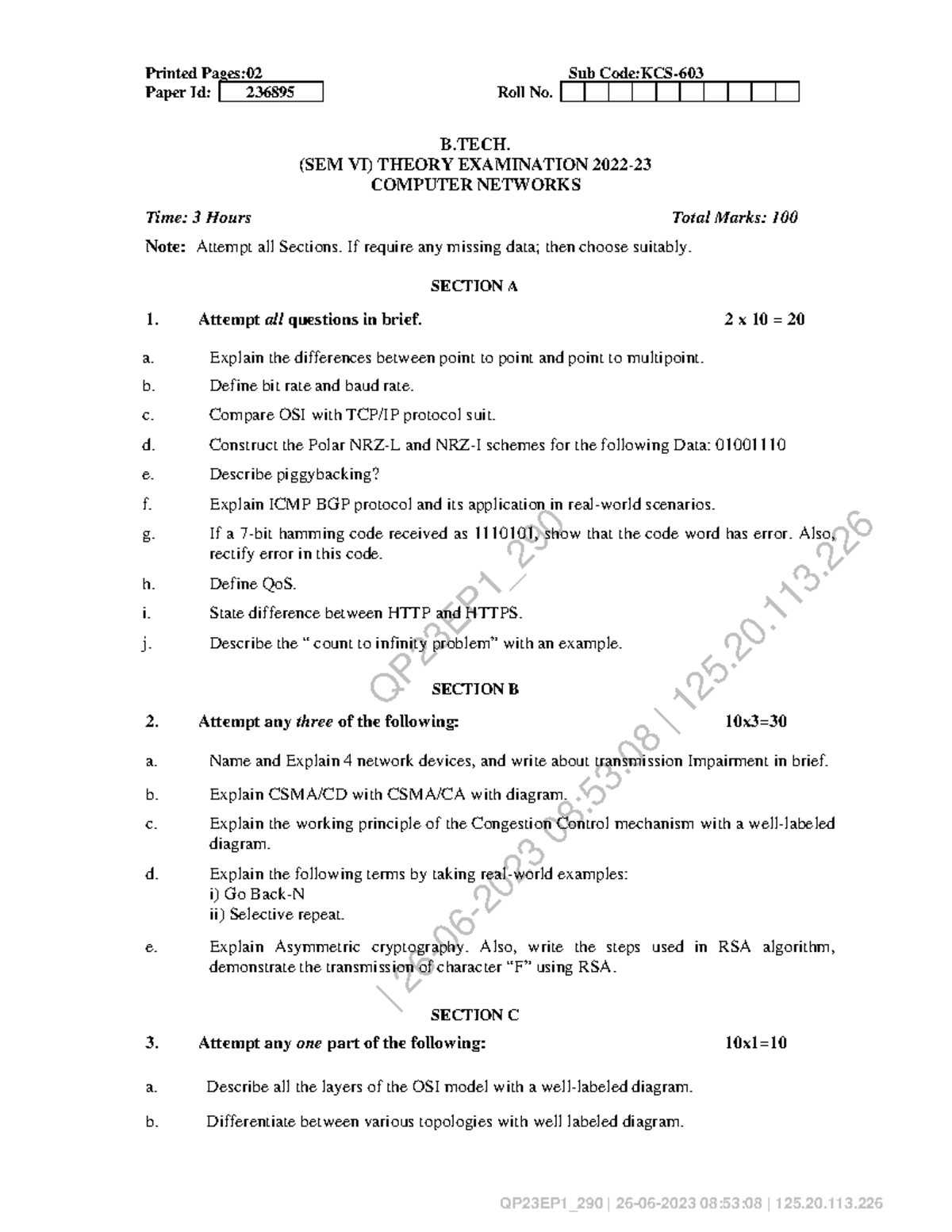 Previous Year Question Paper: Computer Networks KCS (SEM VI) - Studocu