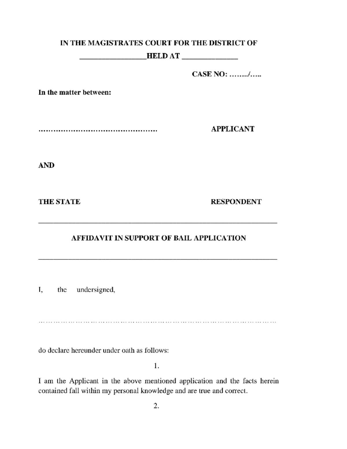 BAIL Application Affidavit Template for Magistrates Court Case No ...