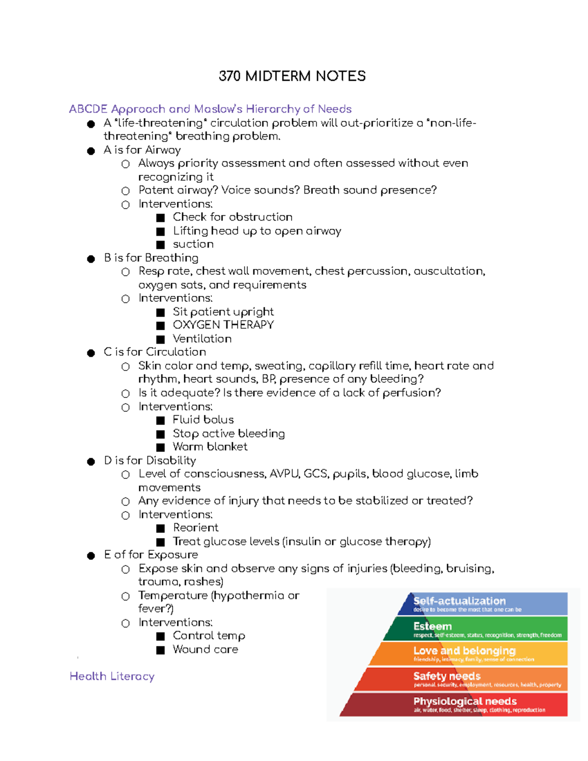 NUR 370 Midterm Study Notes: Key Concepts & Interventions - Studocu