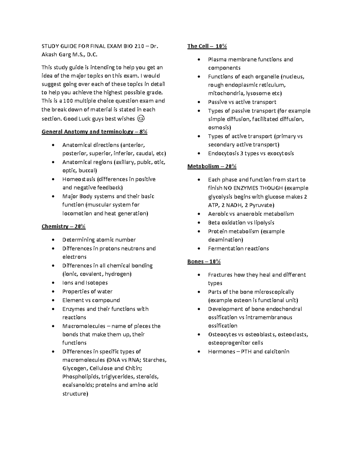 Final Exam Study Guide for BIO 210: Anatomy & Physiology Topics - Studocu