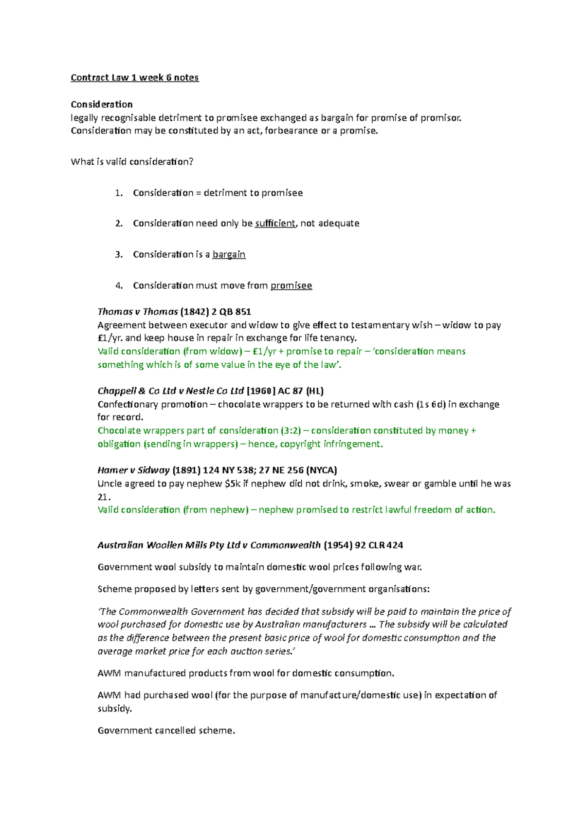 Contract Law 1 week 6 notes - Contract Law 1 week 6 notes Consideration ...
