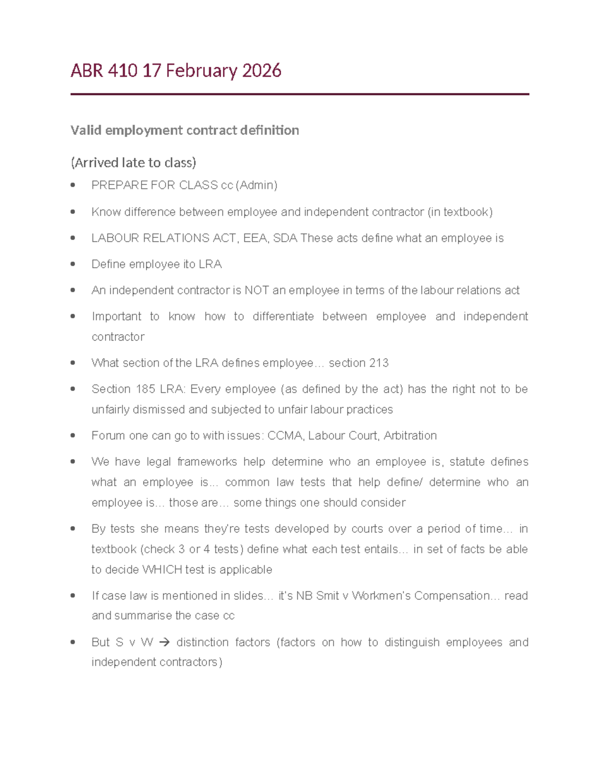 ABR 410 Final Exam Notes: Employee vs. Independent Contractor ...