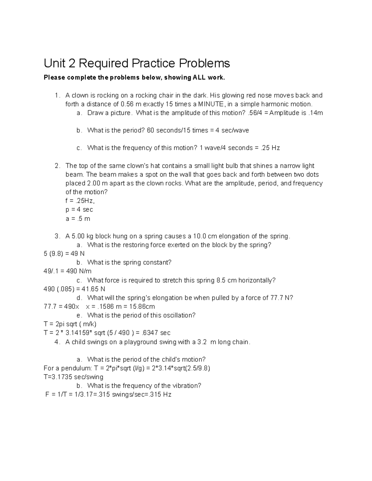 Unit 2 Practice Problems: Harmonic Motion & Spring Systems - Studocu