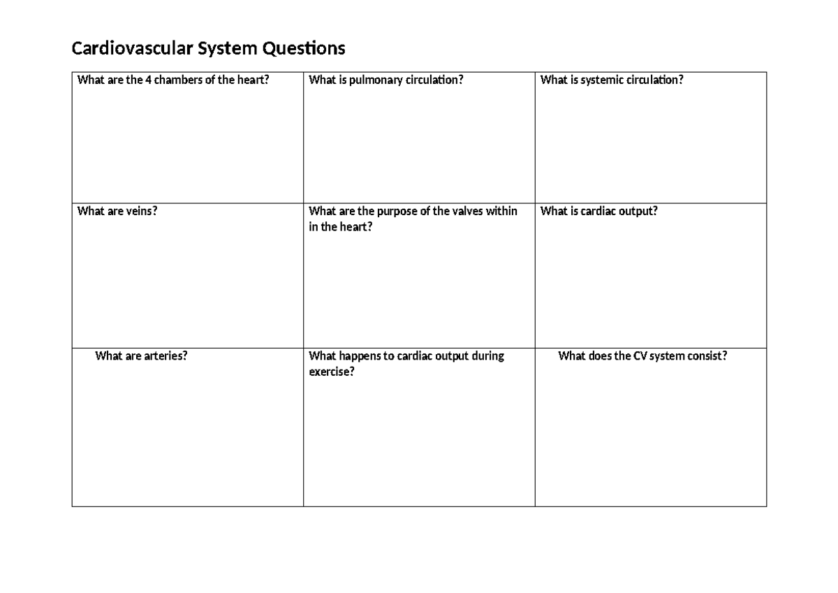 CV System SLT 08 - homework - Cardiovascular System Questions What are ...