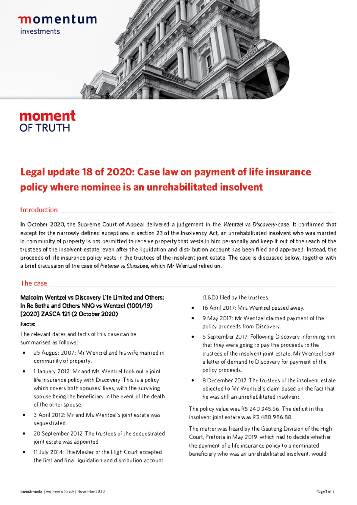 Legal Update 18 of 2020: Case Law on Life Insurance & Insolvency - Studocu