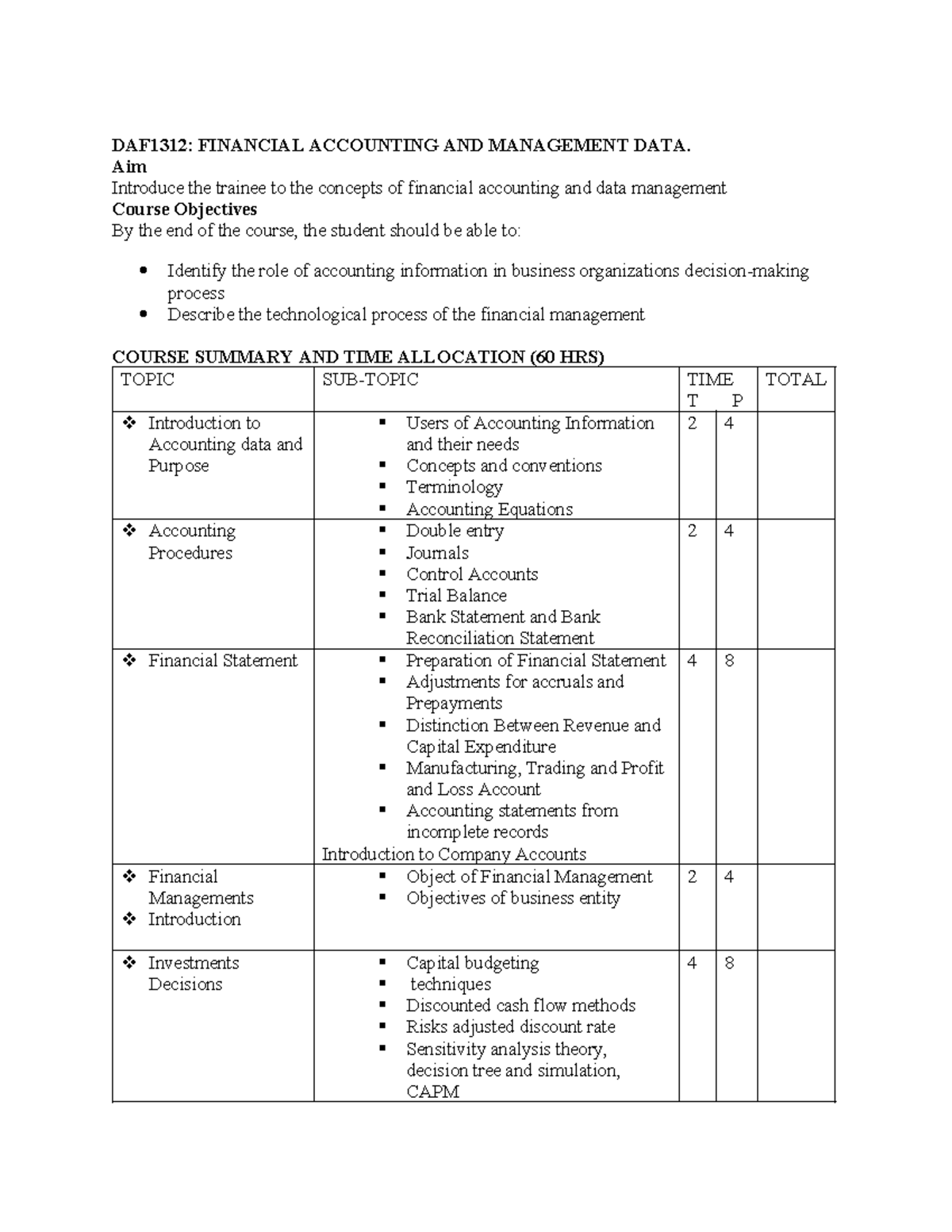 DAF1312: Financial Accounting & Management Data Course Outline - Studocu