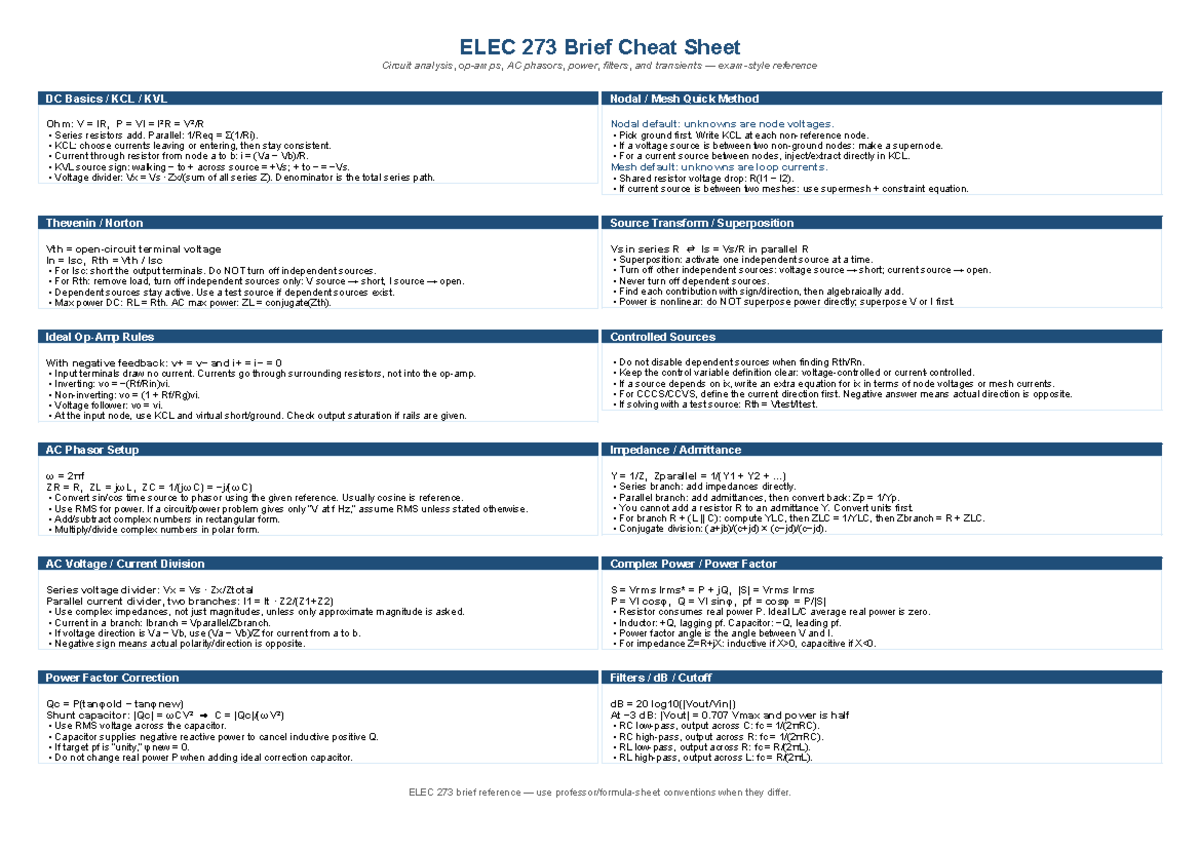 ELEC 273 Circuit Analysis Cheat Sheet: AC Phasors, Power & Filters ...