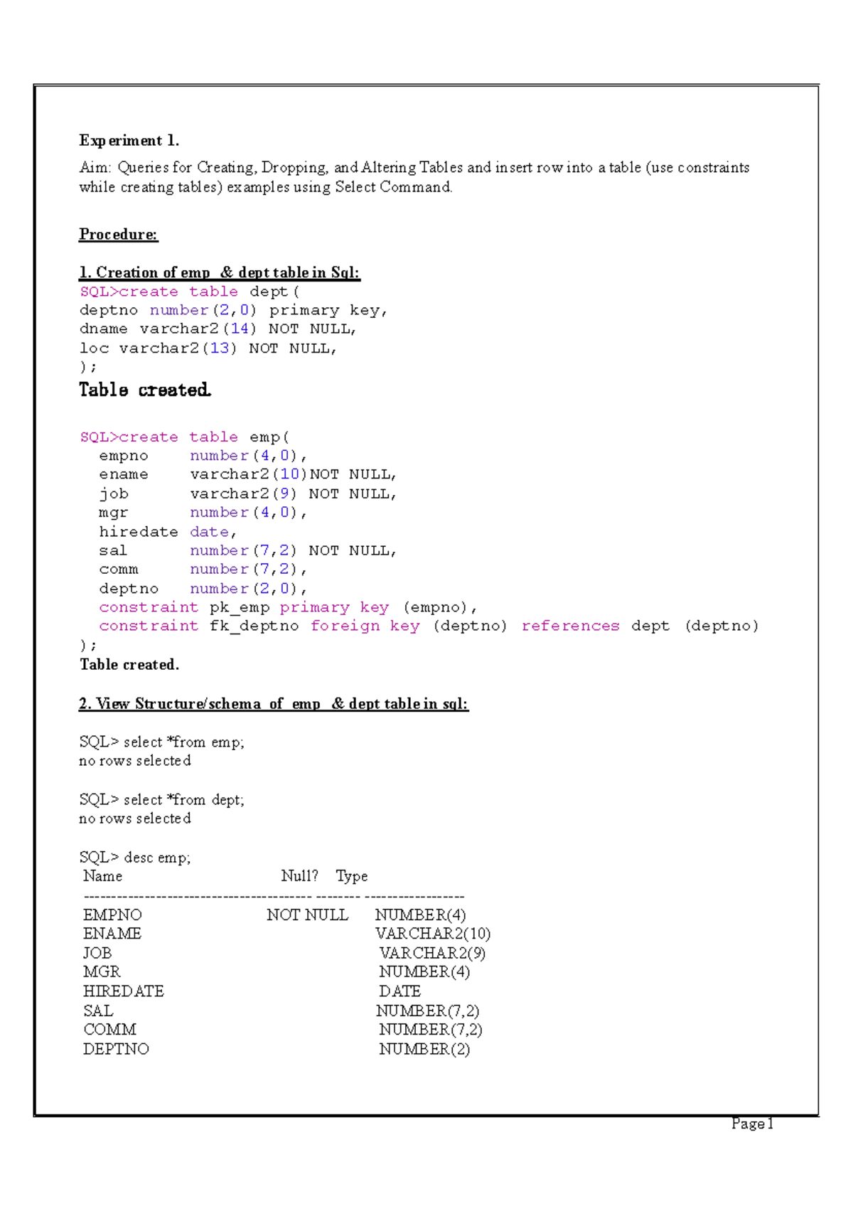DBMS Experiment 1 & 2: SQL Table Operations and Queries - Studocu