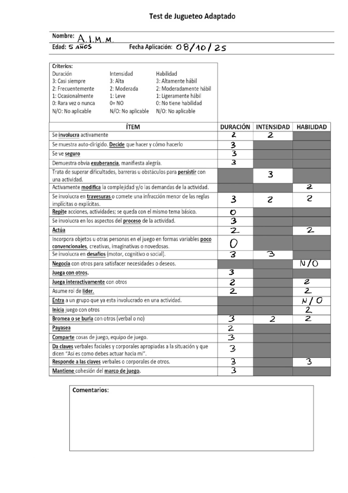 Test de Juego Adaptado A.I.M.M. - 5 Años - Evaluación 251029 - Studocu