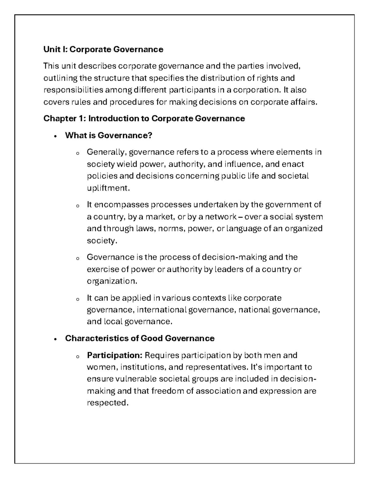 Unit I: Corporate Governance Overview - Gbermic Handout 2025 - Studocu