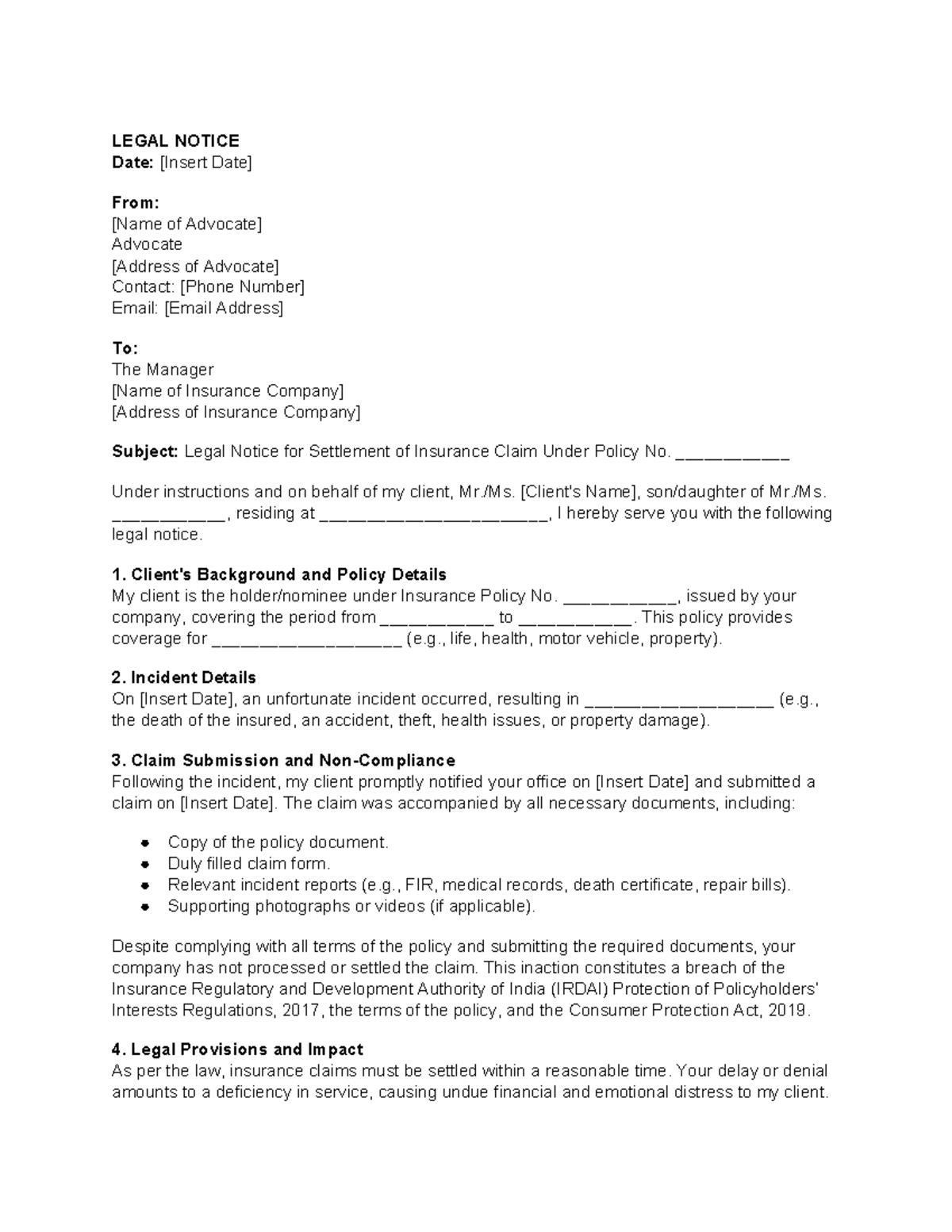 Legal Notice for Settlement of Insurance Claim - Format - Studocu