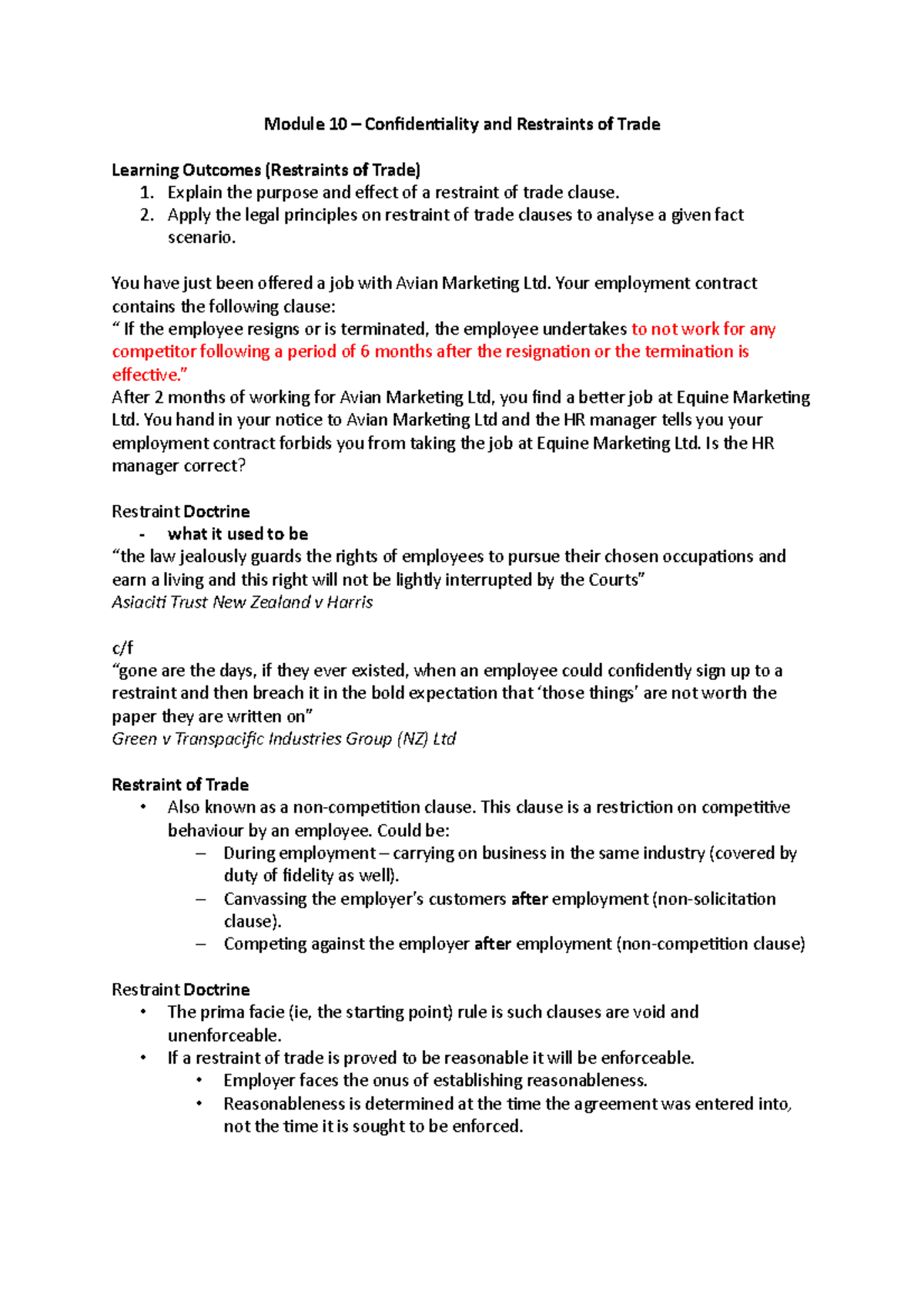 Module 10 - notes for comlaw 314 - Employment Law - AucklandUni - Studocu