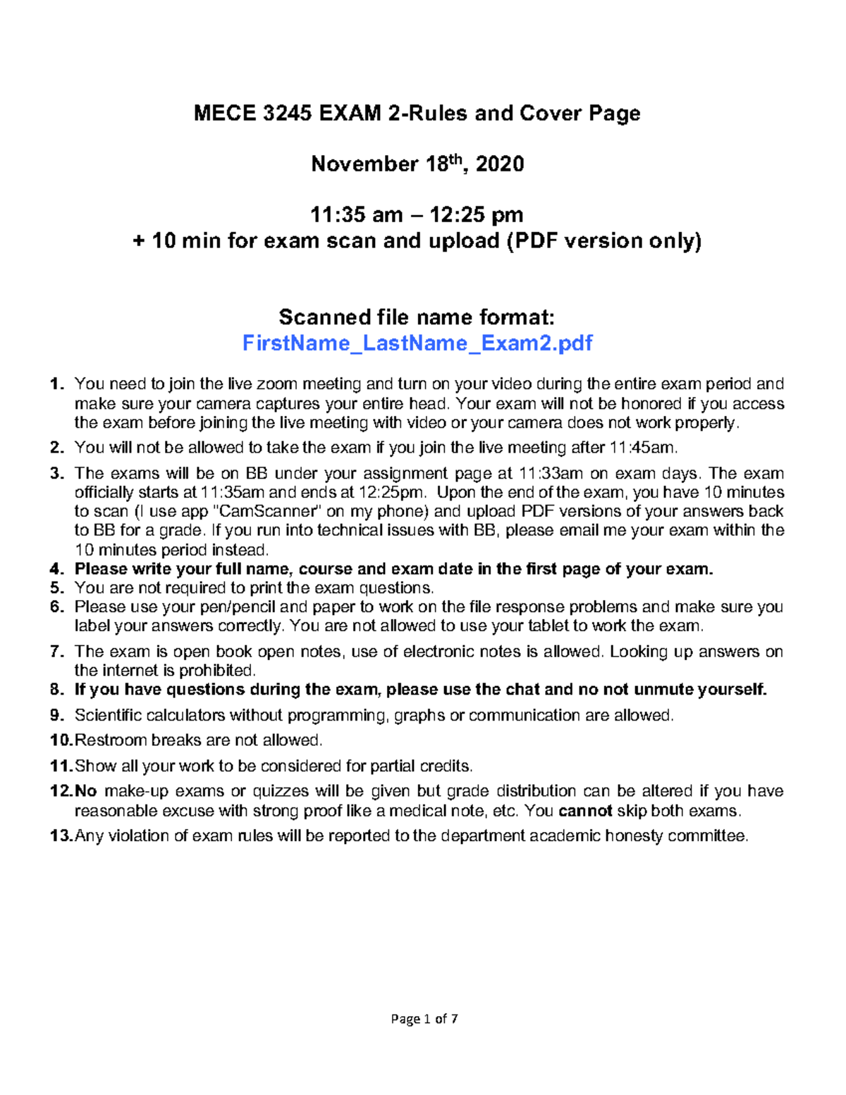 MECE 3245 Exam 2 Guidelines and Instructions - Fall 2020 - Studocu