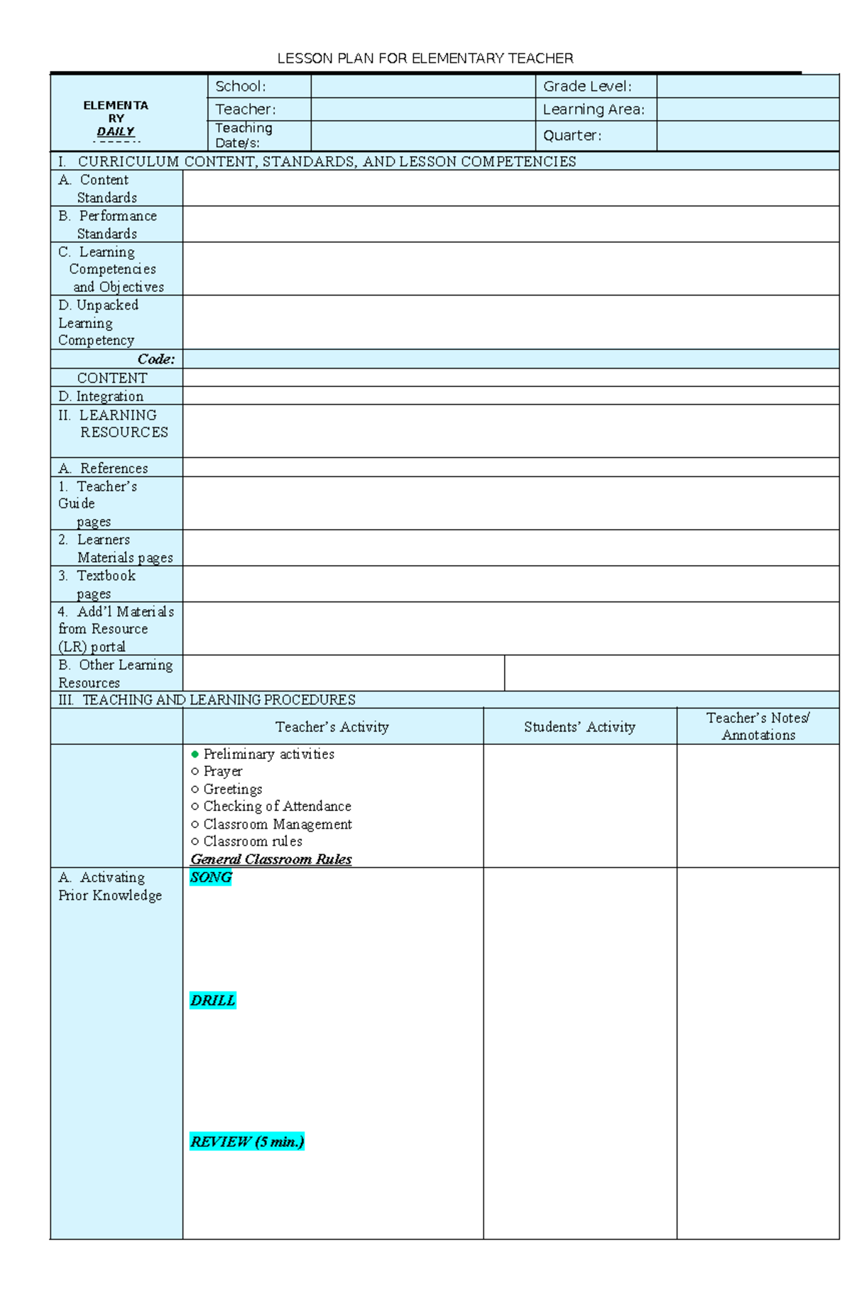Unified Lesson Plan for BEED: Elementary Teacher Guide - Studocu