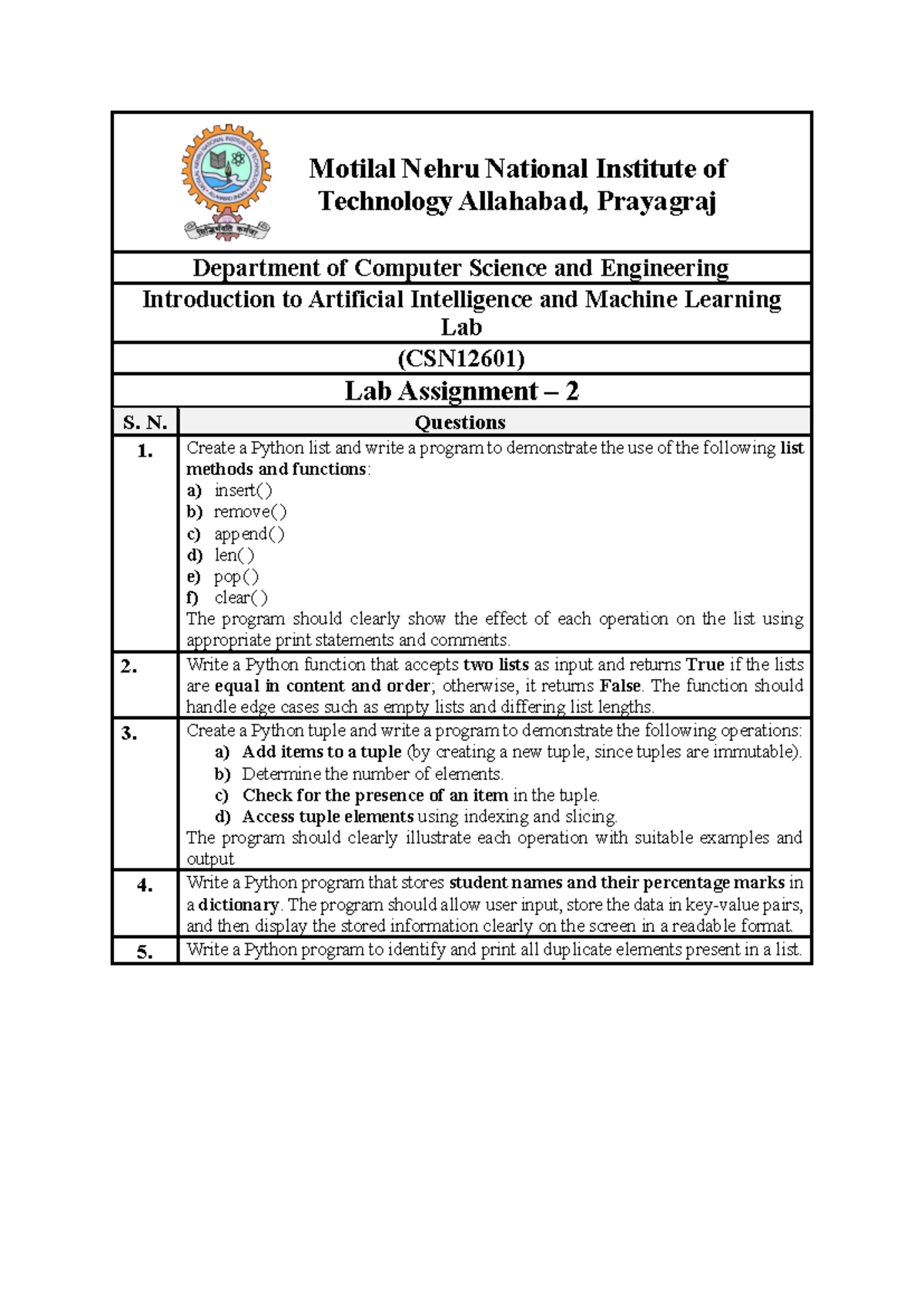 AIML Lab Assignment 2 (CSN12601): Python List & Tuple Operations - Studocu