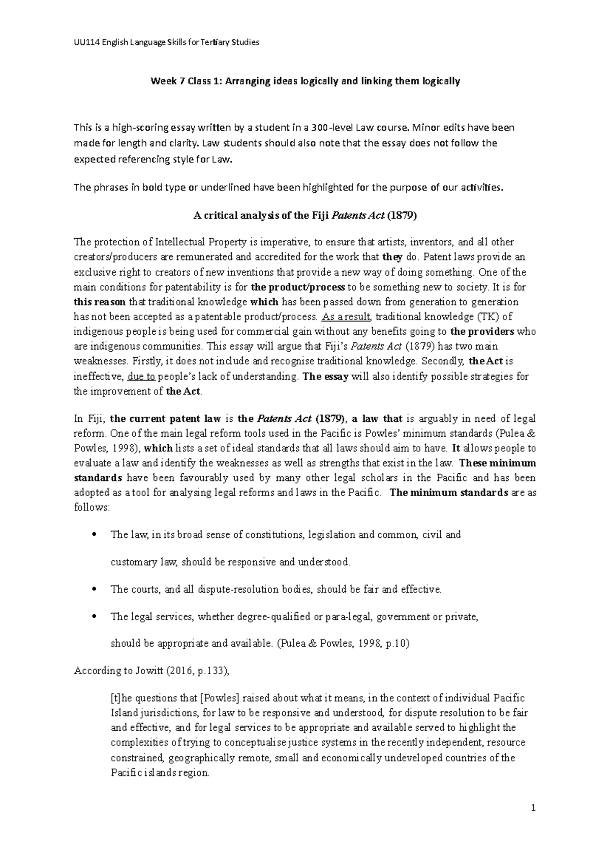 Week 7 Class 1 Handout: Analyzing the Fiji Patents Act - UU114 - Studocu
