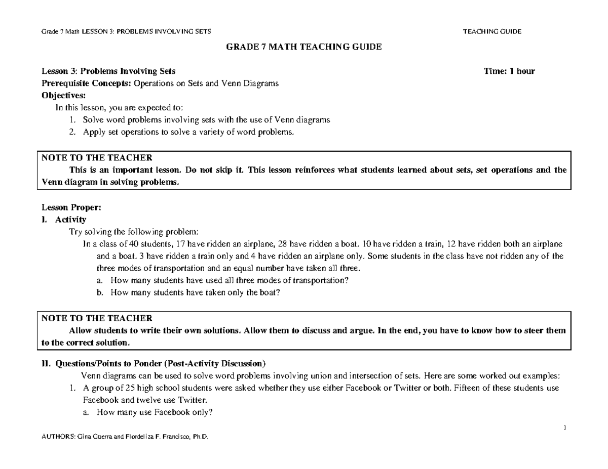 GRADE 7 MATH: Lesson 3 - Problems Involving Sets and Venn Diagrams ...