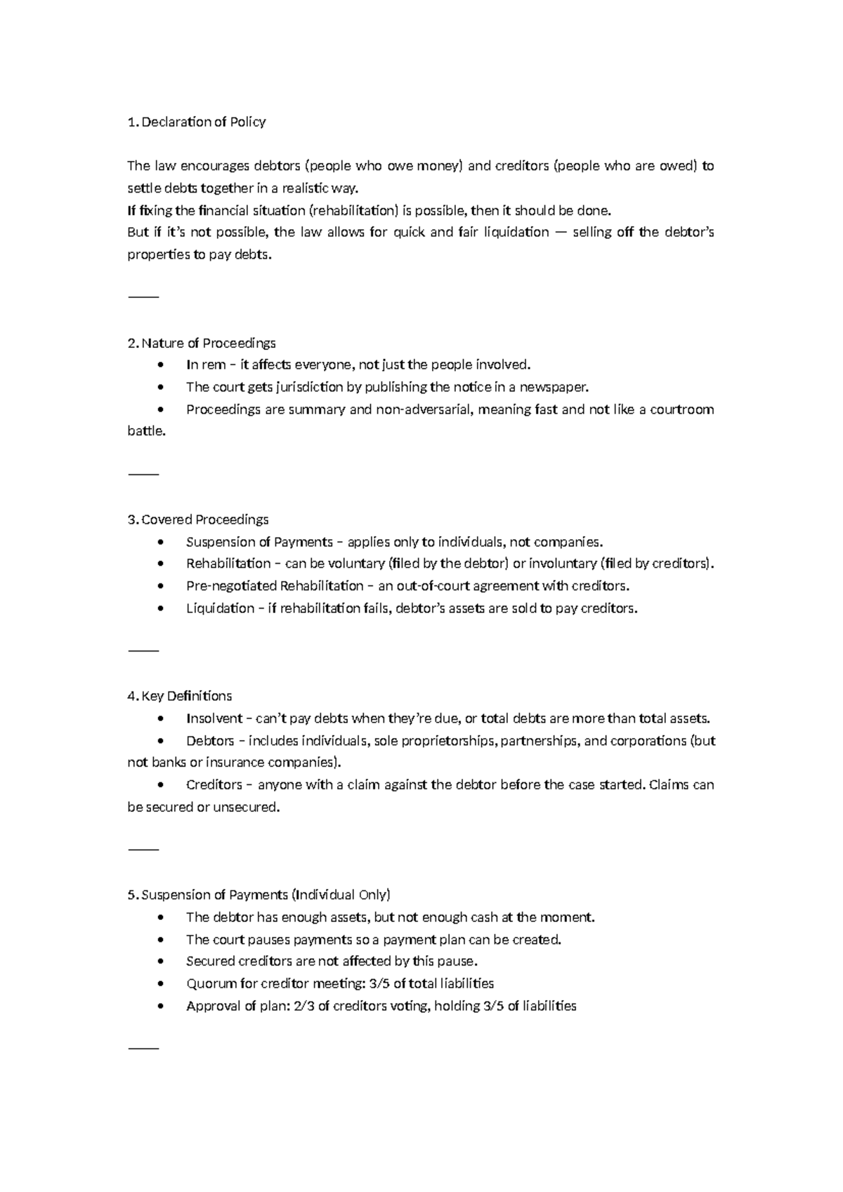 Legal Framework for Debt Rehabilitation and Liquidation (LAW 101) - Studocu