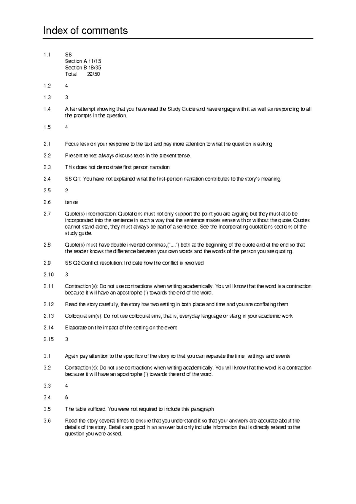 ENG1501 Assignment 2: Feedback and Comments Index - Studocu