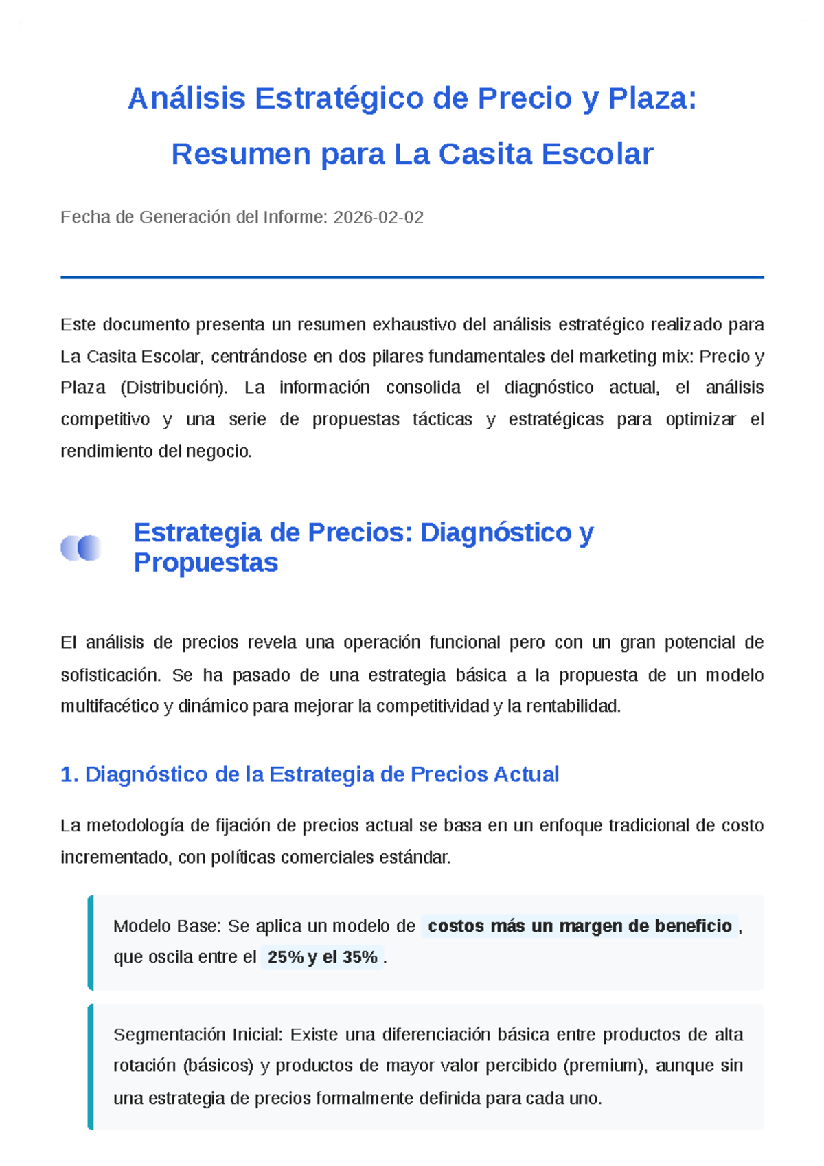 Análisis Estratégico de Precio y Plaza para La Casita Escolar - Studocu
