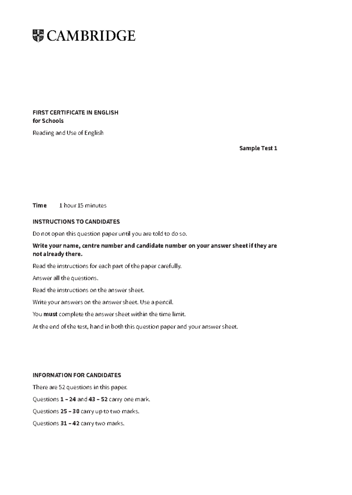 FCE Reading and Use of English Sample Test 1 for Schools - Studocu