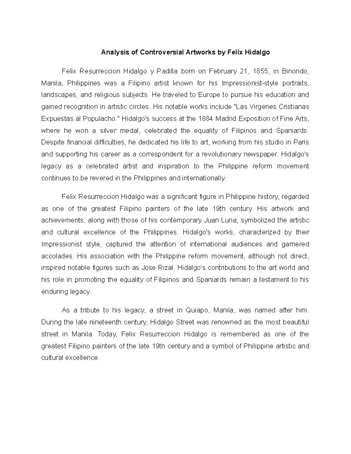Analysis of Felix Hidalgo's Controversial Artworks (Art 101) - Studocu