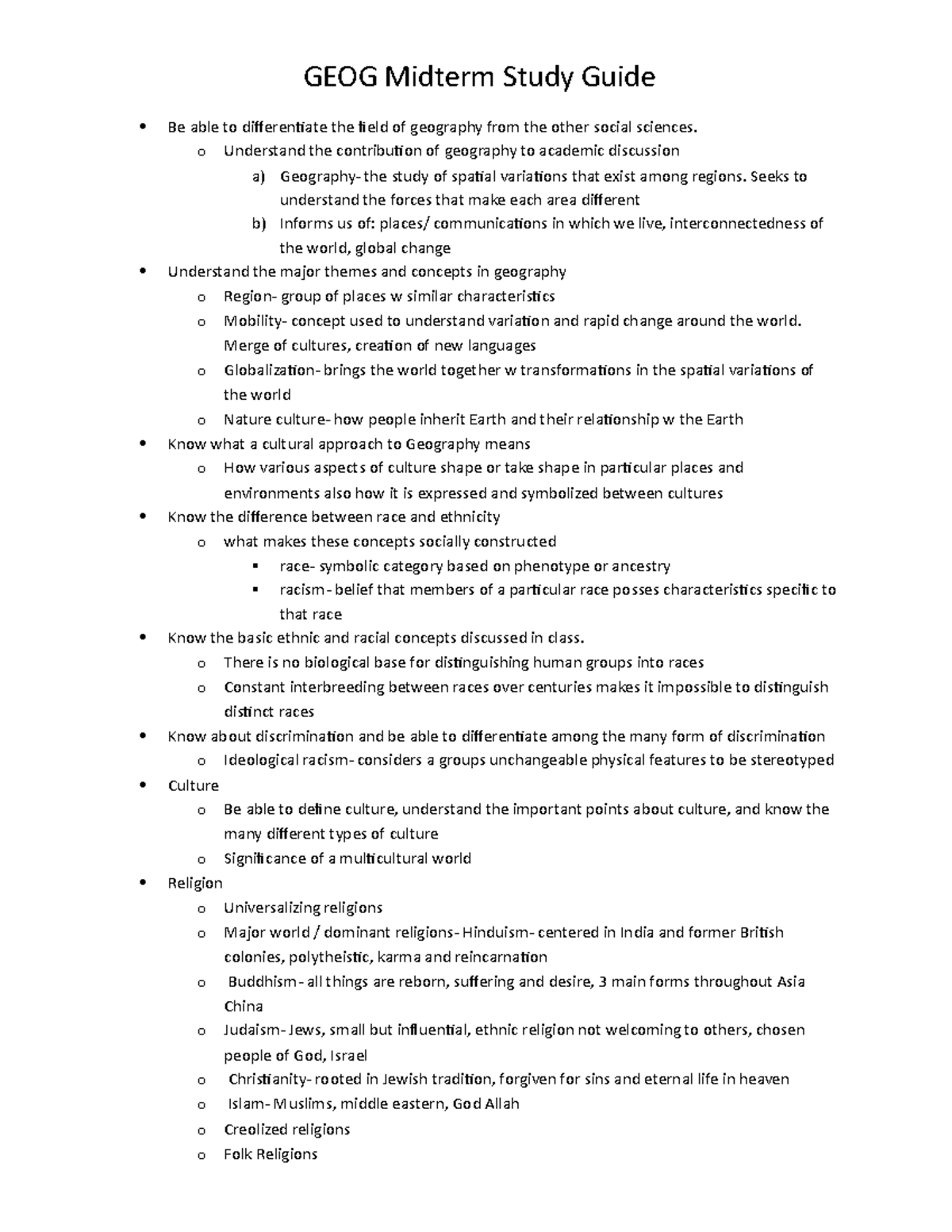 GEOG 101 Midterm Study Guide: Key Concepts in Geography and Culture ...